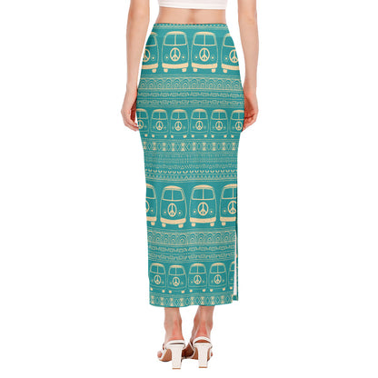 Vintage Hippie Van Pattern Print Side Slit Maxi Skirt