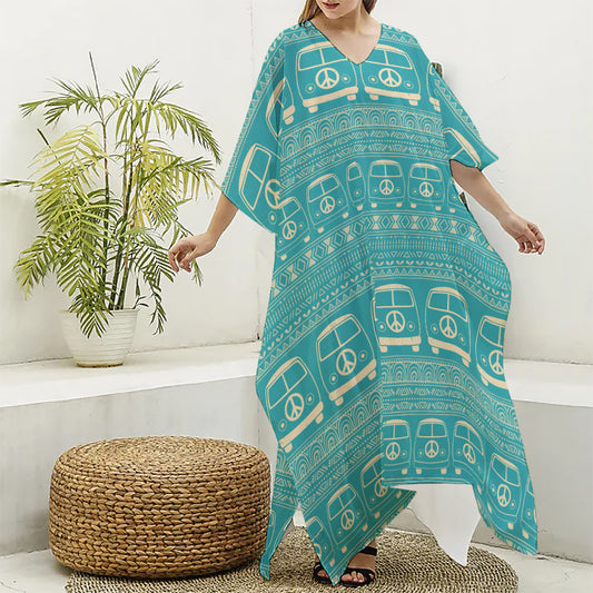 Vintage Hippie Van Pattern Print Silk V-Neck Kaftan Dress