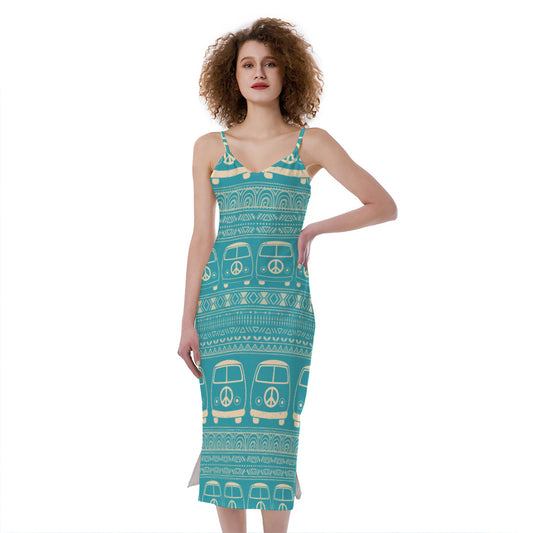 Vintage Hippie Van Pattern Print Slim Fit Midi Cami Dress