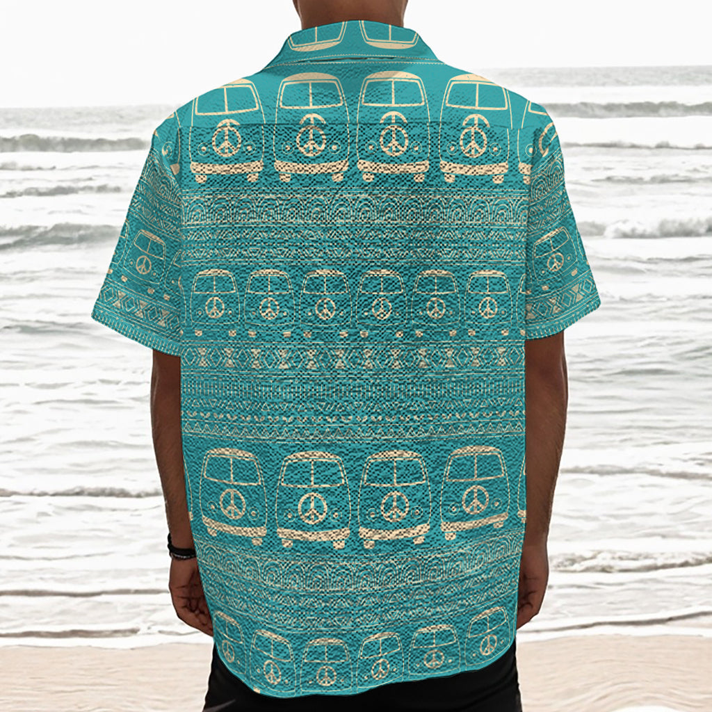 Vintage Hippie Van Pattern Print Textured Short Sleeve Shirt