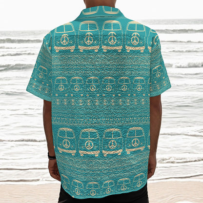 Vintage Hippie Van Pattern Print Textured Short Sleeve Shirt