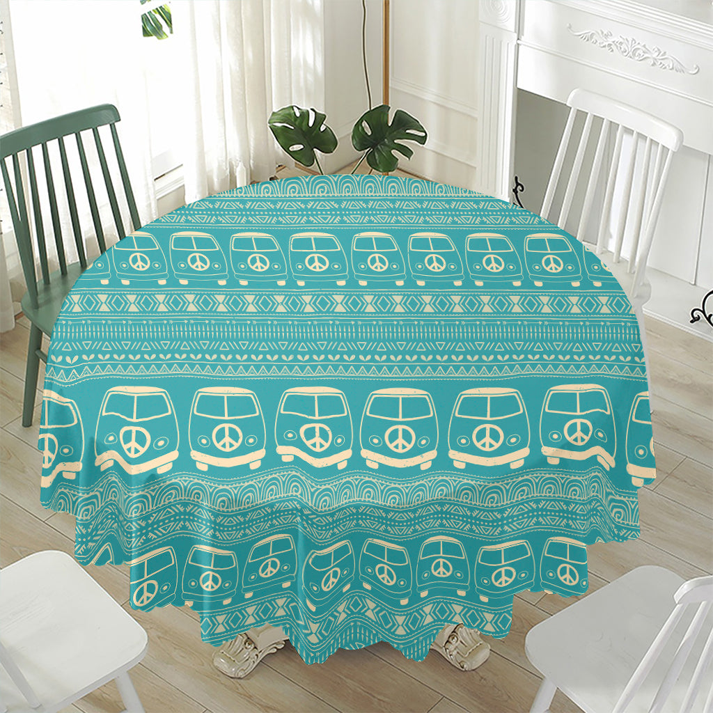 Vintage Hippie Van Pattern Print Waterproof Round Tablecloth