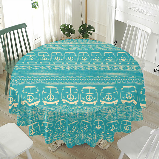 Vintage Hippie Van Pattern Print Waterproof Round Tablecloth