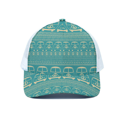 Vintage Hippie Van Pattern Print White Mesh Trucker Cap