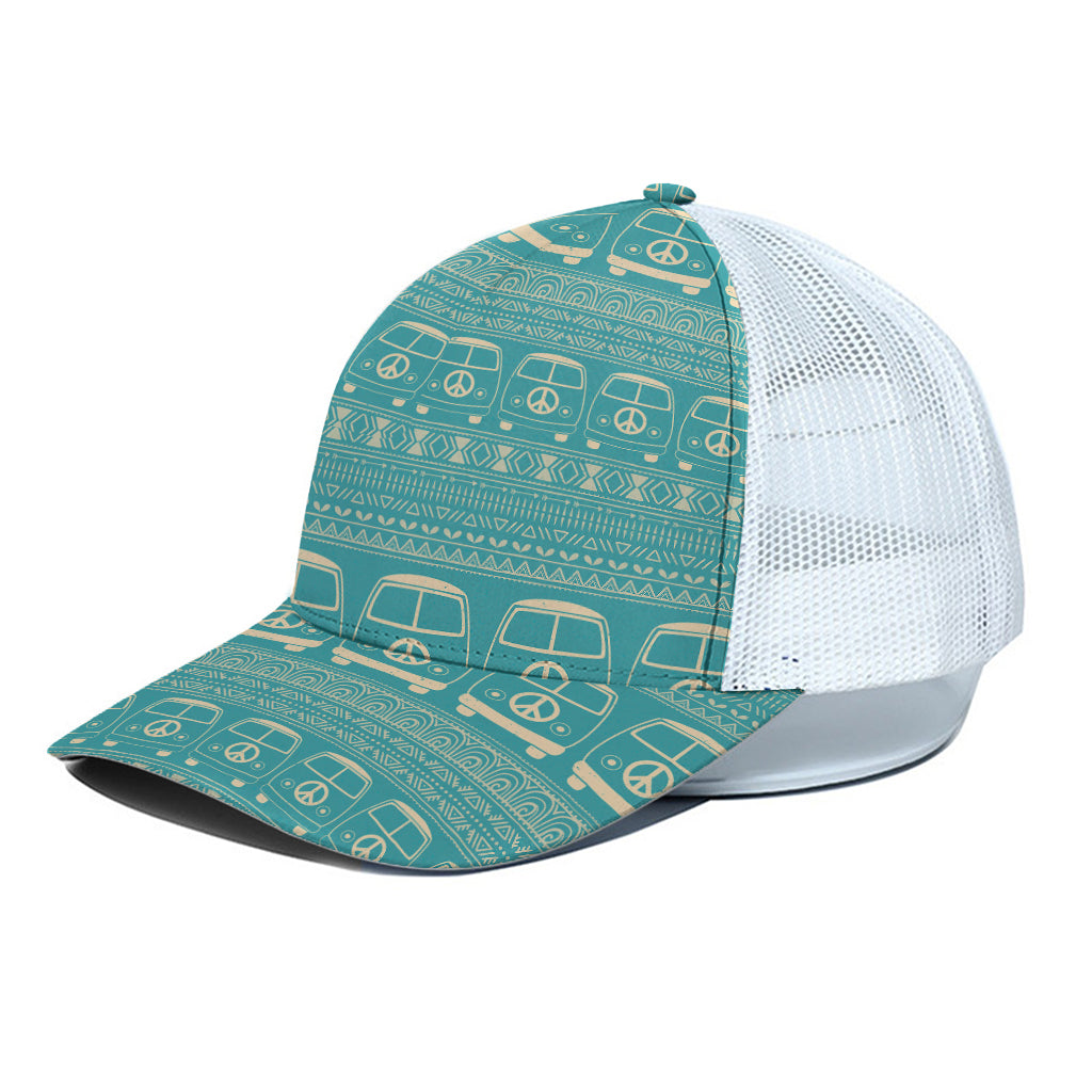 Vintage Hippie Van Pattern Print White Mesh Trucker Cap