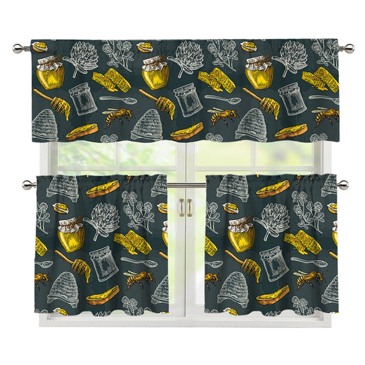 Vintage Honey Bee Print 3 Piece Kitchen Curtains