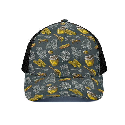 Vintage Honey Bee Print Black Mesh Trucker Cap