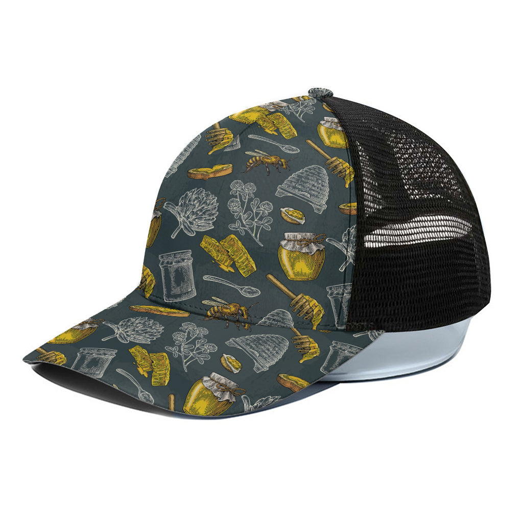 Vintage Honey Bee Print Black Mesh Trucker Cap