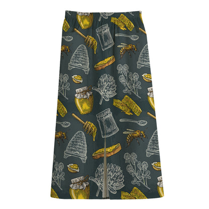 Vintage Honey Bee Print Cotton Front Slit Maxi Skirt