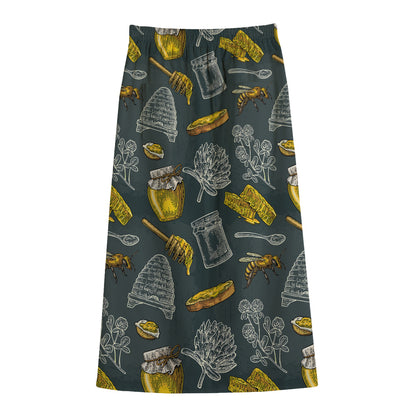 Vintage Honey Bee Print Cotton Front Slit Maxi Skirt