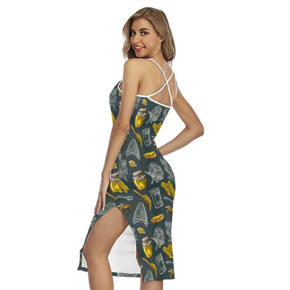 Vintage Honey Bee Print Cross Back Cami Dress