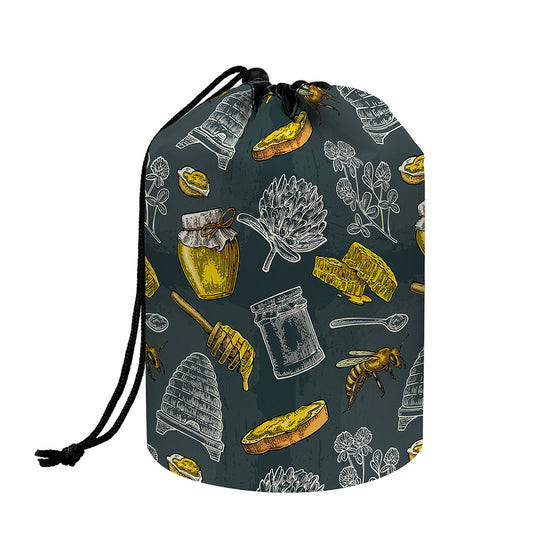 Vintage Honey Bee Print Drawstring Makeup Bag
