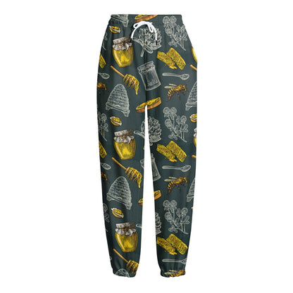 Vintage Honey Bee Print Fleece Lined Knit Pants