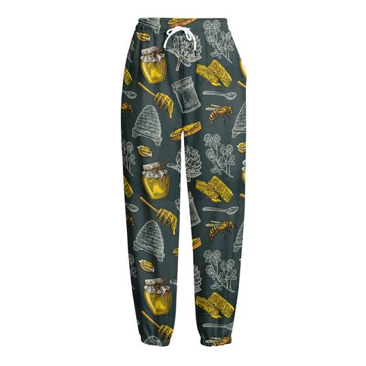 Vintage Honey Bee Print Fleece Lined Knit Pants