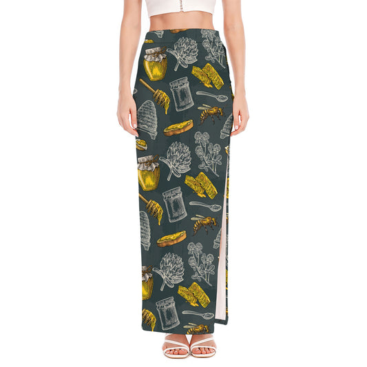Vintage Honey Bee Print High Slit Maxi Skirt