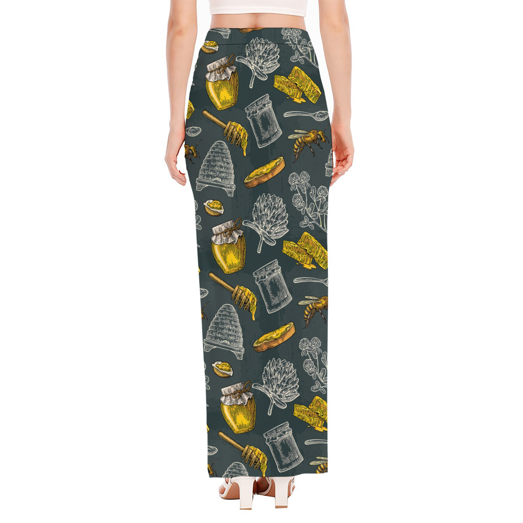 Vintage Honey Bee Print High Slit Maxi Skirt