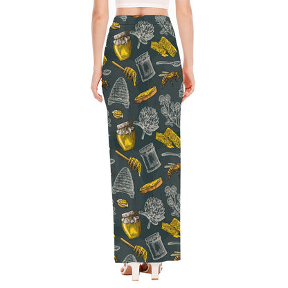 Vintage Honey Bee Print High Slit Maxi Skirt