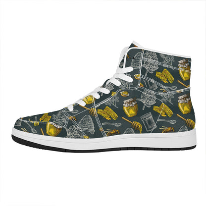 Vintage Honey Bee Print High Top Leather Sneakers