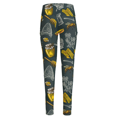 Vintage Honey Bee Print High-Waisted Pocket Leggings