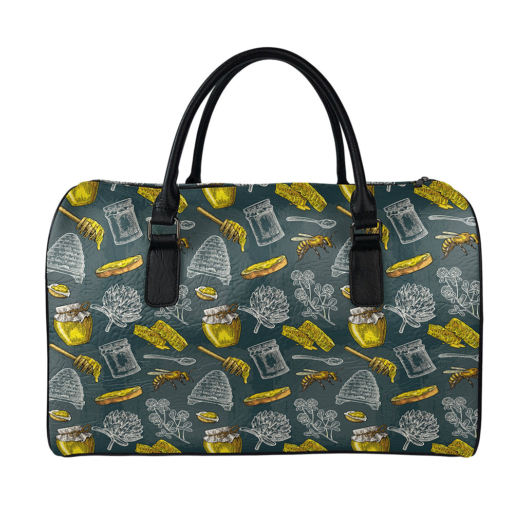 Vintage Honey Bee Print Leather Duffle Bag