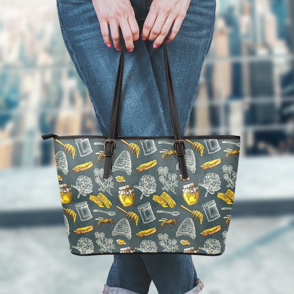 Vintage Honey Bee Print Leather Tote Bag