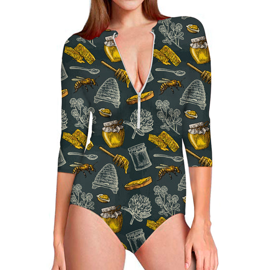 Vintage Honey Bee Print Long Sleeve Swimsuit
