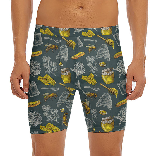 Vintage Honey Bee Print Men's Long Boxer Briefs