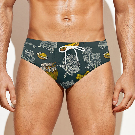 Vintage Honey Bee Print Men's Swim Briefs