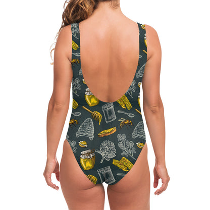 Vintage Honey Bee Print One Piece Swimsuit
