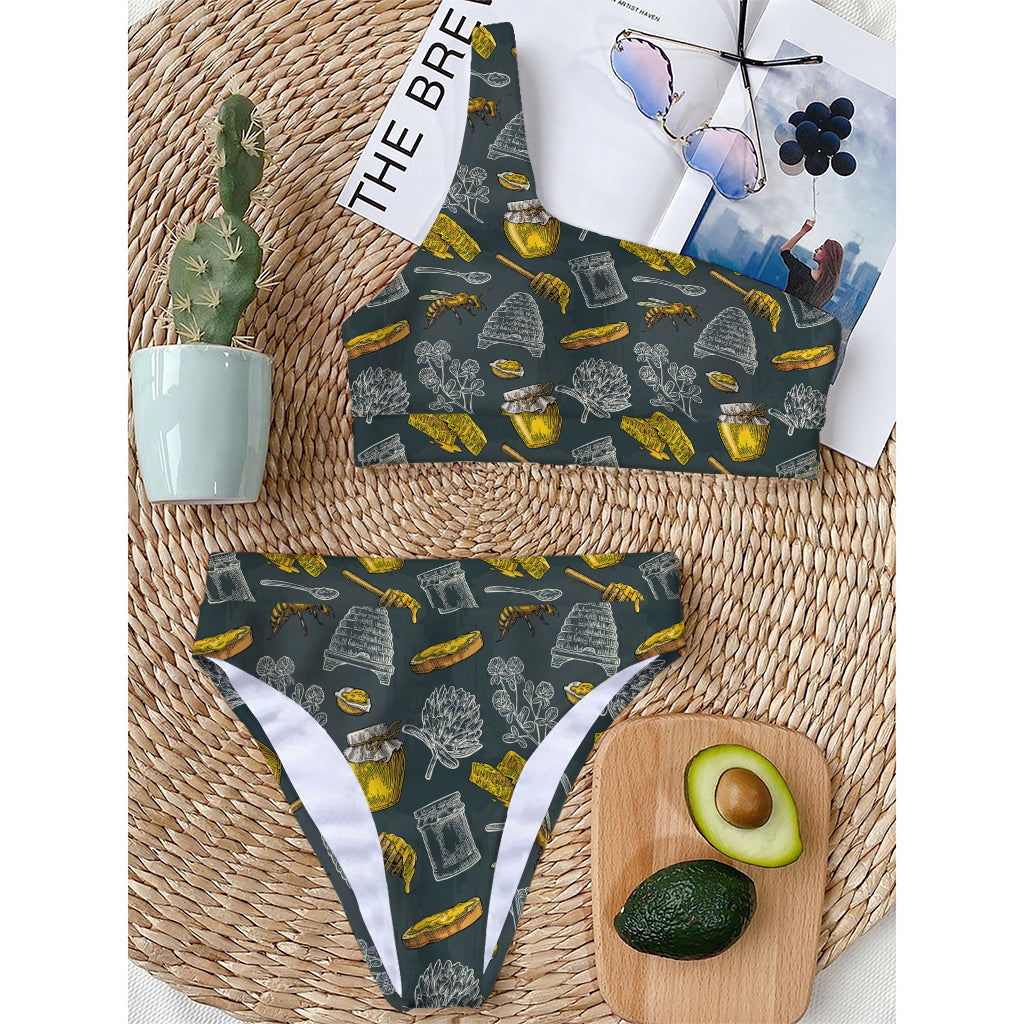 Vintage Honey Bee Print One Shoulder Bikini Top