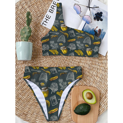 Vintage Honey Bee Print One Shoulder Bikini Top