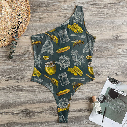 Vintage Honey Bee Print One Shoulder Bodysuit