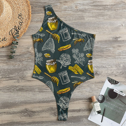 Vintage Honey Bee Print One Shoulder Bodysuit