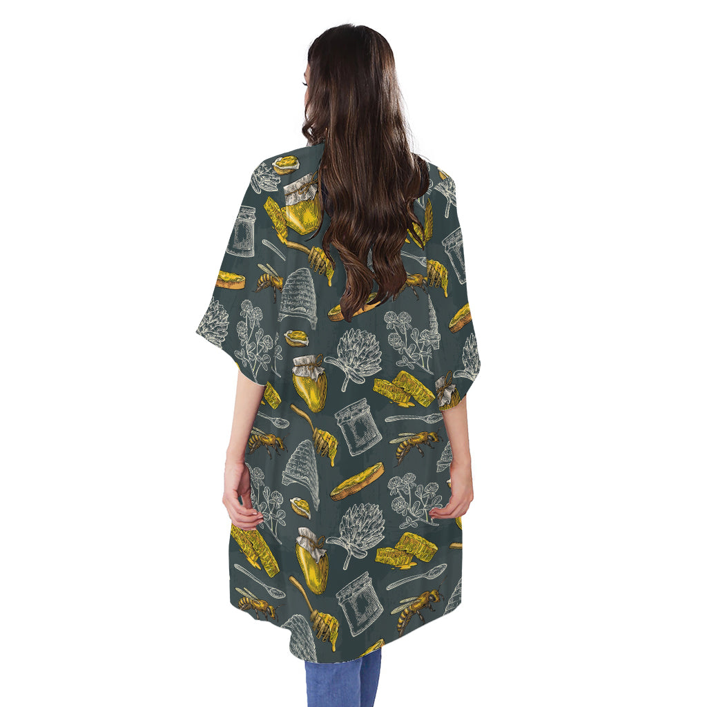 Vintage Honey Bee Print Open Front Beach Cover Up