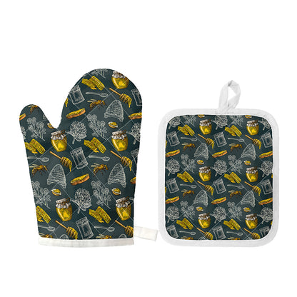 Vintage Honey Bee Print Oven Mitt And Pot Holder Set