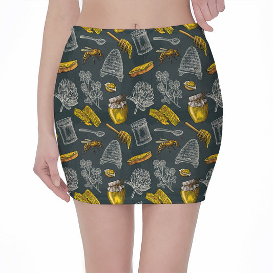 Vintage Honey Bee Print Pencil Mini Skirt