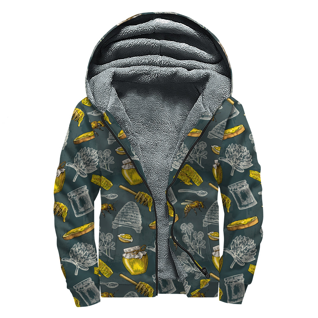 Vintage Honey Bee Print Sherpa Lined Zip Up Hoodie