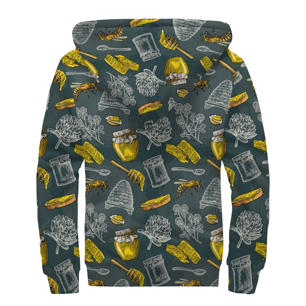 Vintage Honey Bee Print Sherpa Lined Zip Up Hoodie