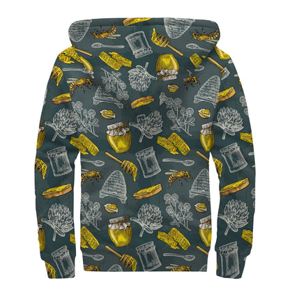 Vintage Honey Bee Print Sherpa Lined Zip Up Hoodie
