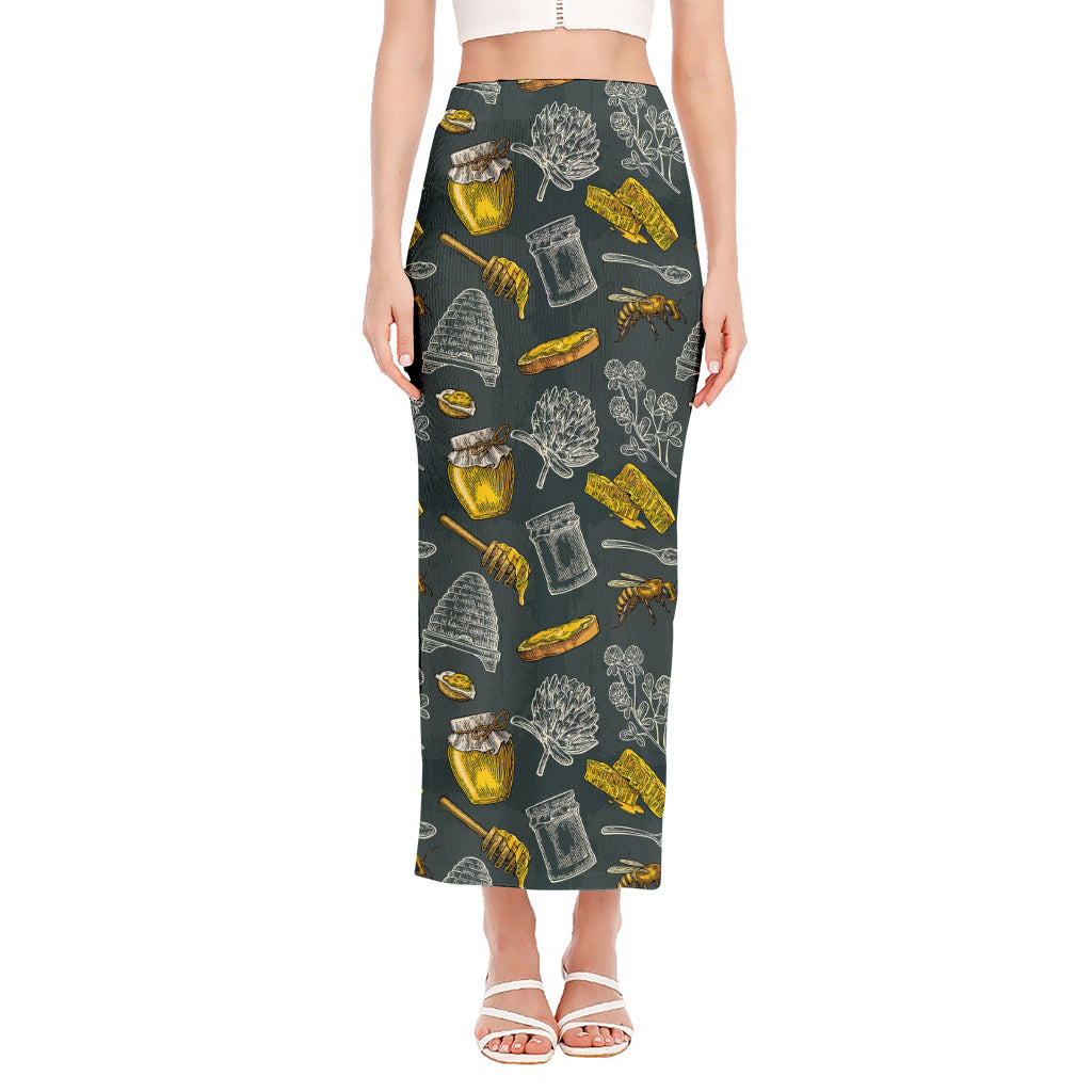 Vintage Honey Bee Print Side Slit Maxi Skirt