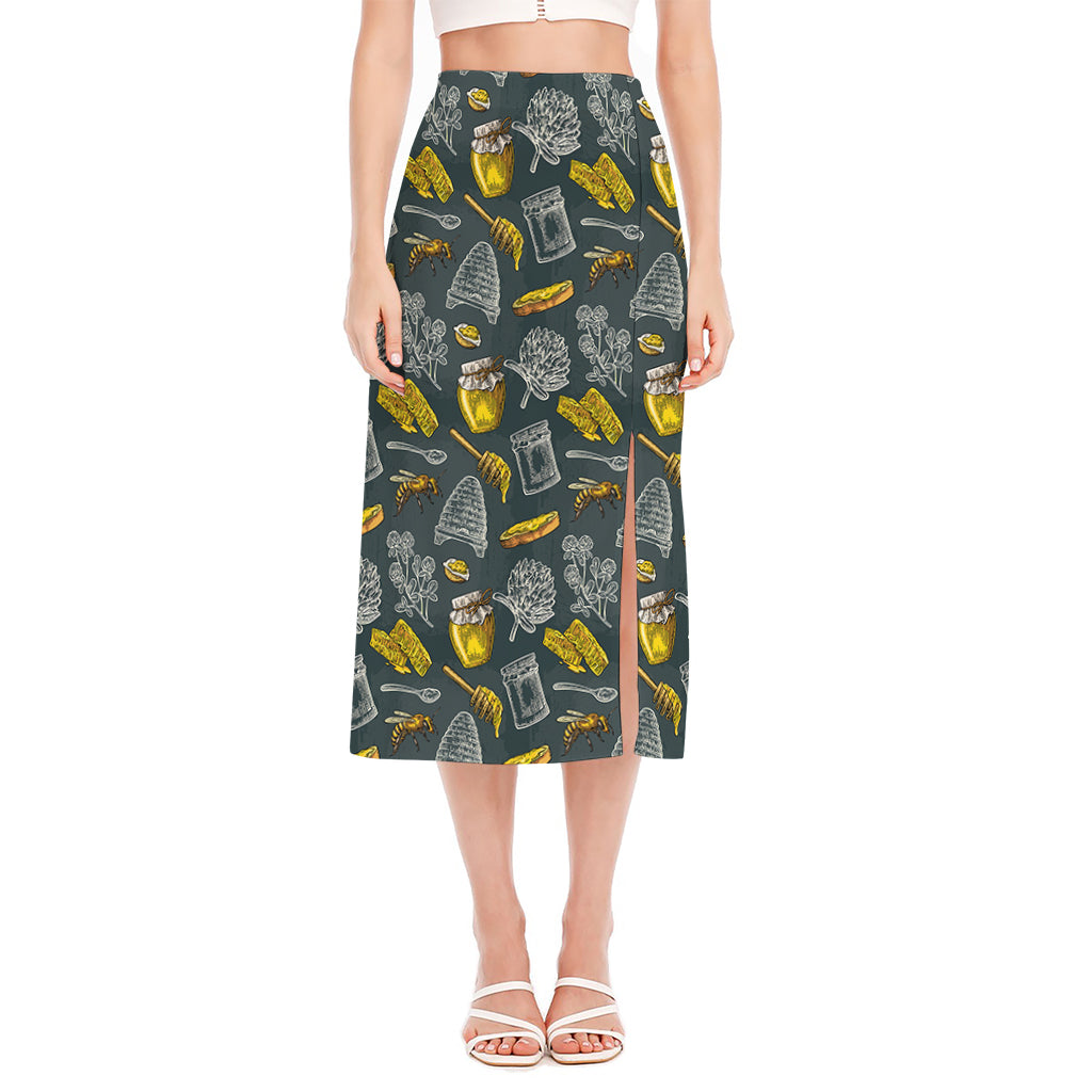 Vintage Honey Bee Print Side Slit Midi Skirt