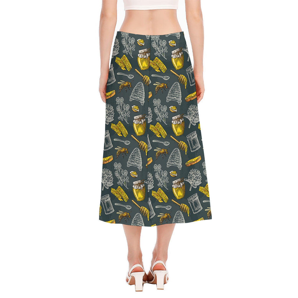 Vintage Honey Bee Print Side Slit Midi Skirt