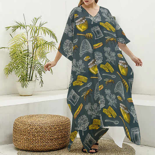 Vintage Honey Bee Print Silk V-Neck Kaftan Dress