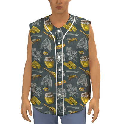 Vintage Honey Bee Print Sleeveless Baseball Jersey