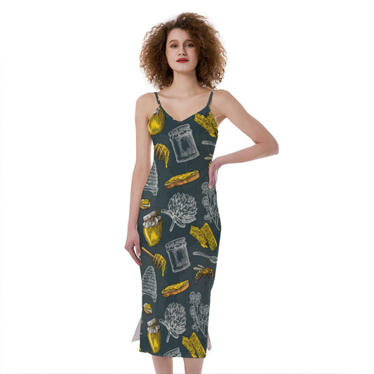 Vintage Honey Bee Print Slim Fit Midi Cami Dress