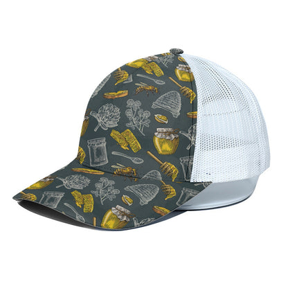 Vintage Honey Bee Print White Mesh Trucker Cap