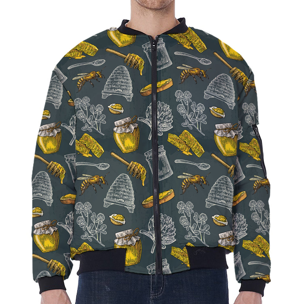 Vintage Honey Bee Print Zip Sleeve Bomber Jacket
