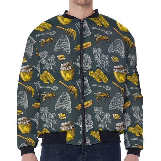 Vintage Honey Bee Print Zip Sleeve Bomber Jacket