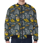 Vintage Honey Bee Print Zip Sleeve Bomber Jacket