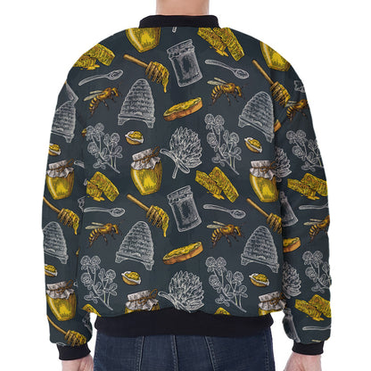 Vintage Honey Bee Print Zip Sleeve Bomber Jacket